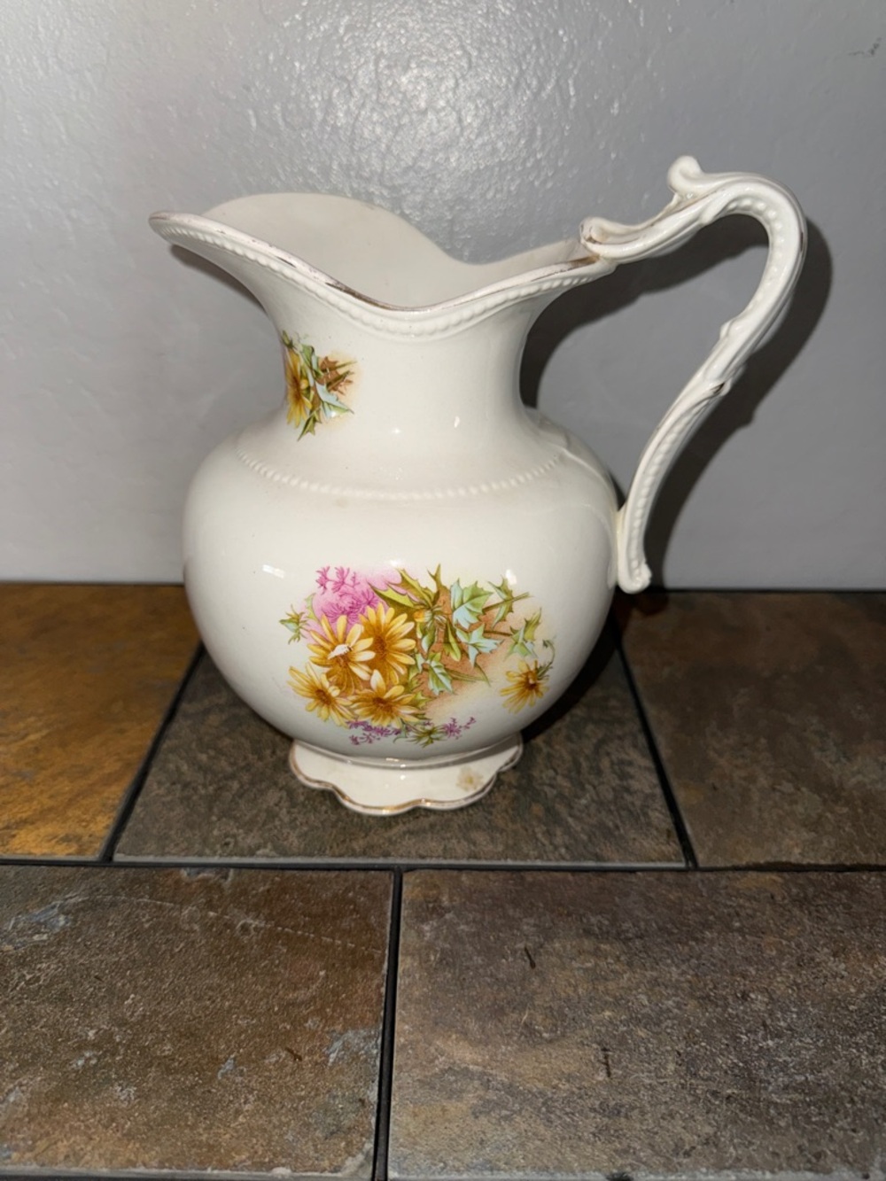 Vintage Queen EPP Co Floral Ceramic Pitcher Gold Trim Scalloped Rim Decor